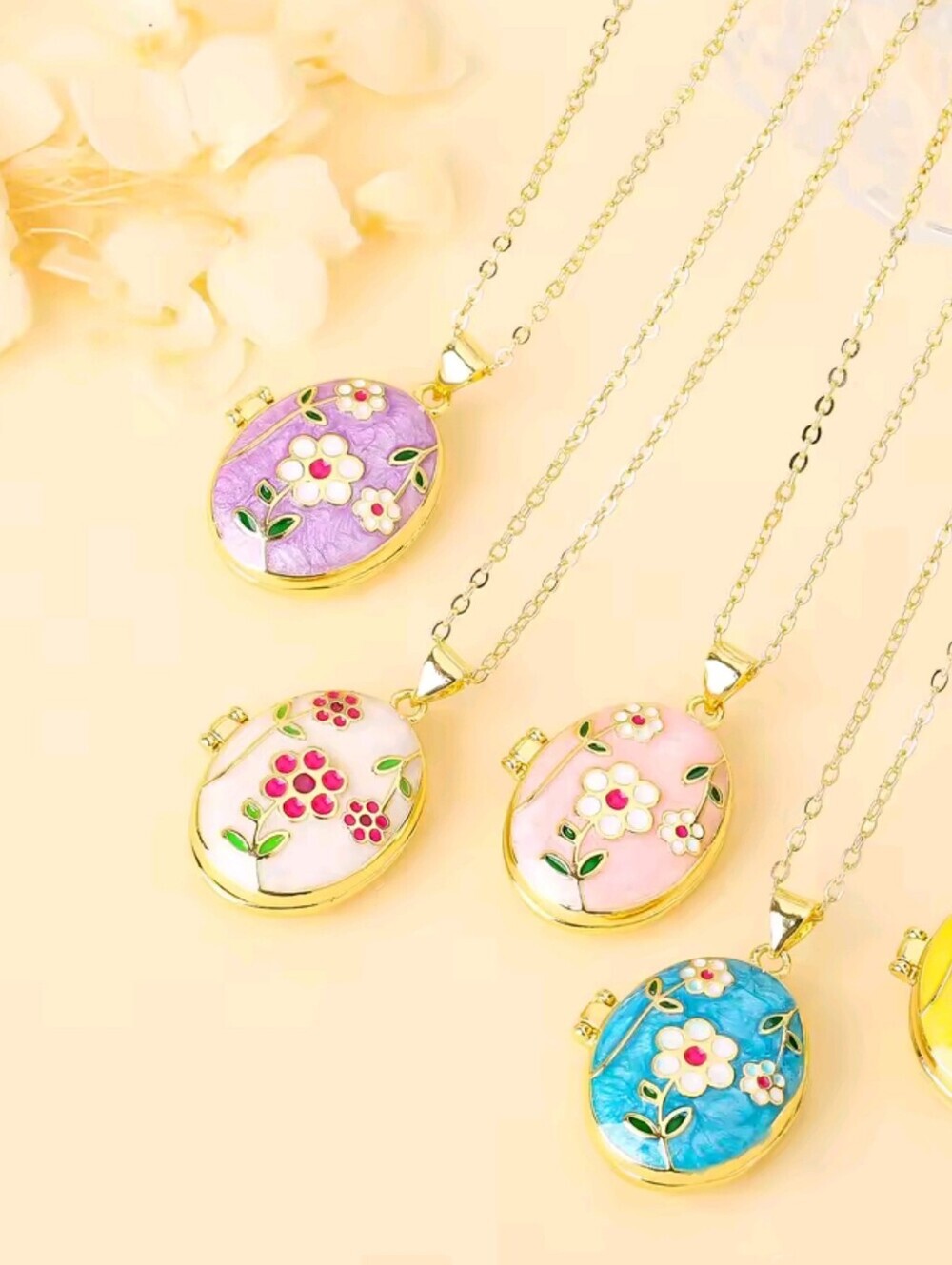 Floral Enamel Photo Locket Necklace Gold Tone Pink Flower Keepsake Pendant - Picture 3 of 8